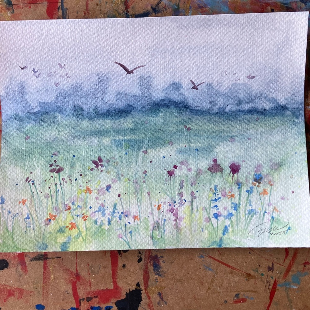 Floral landscape Original painting watercolor NEW art‎ decor Artettina USA